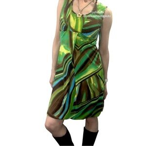 VTG Y2K Mod Dress Kaely N-Max Sz S Abstract Colorful Bubble Hem Rave Disco Retro